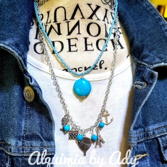 Layered Turquoise big maxi silver steel multi charms beaded boho necklace